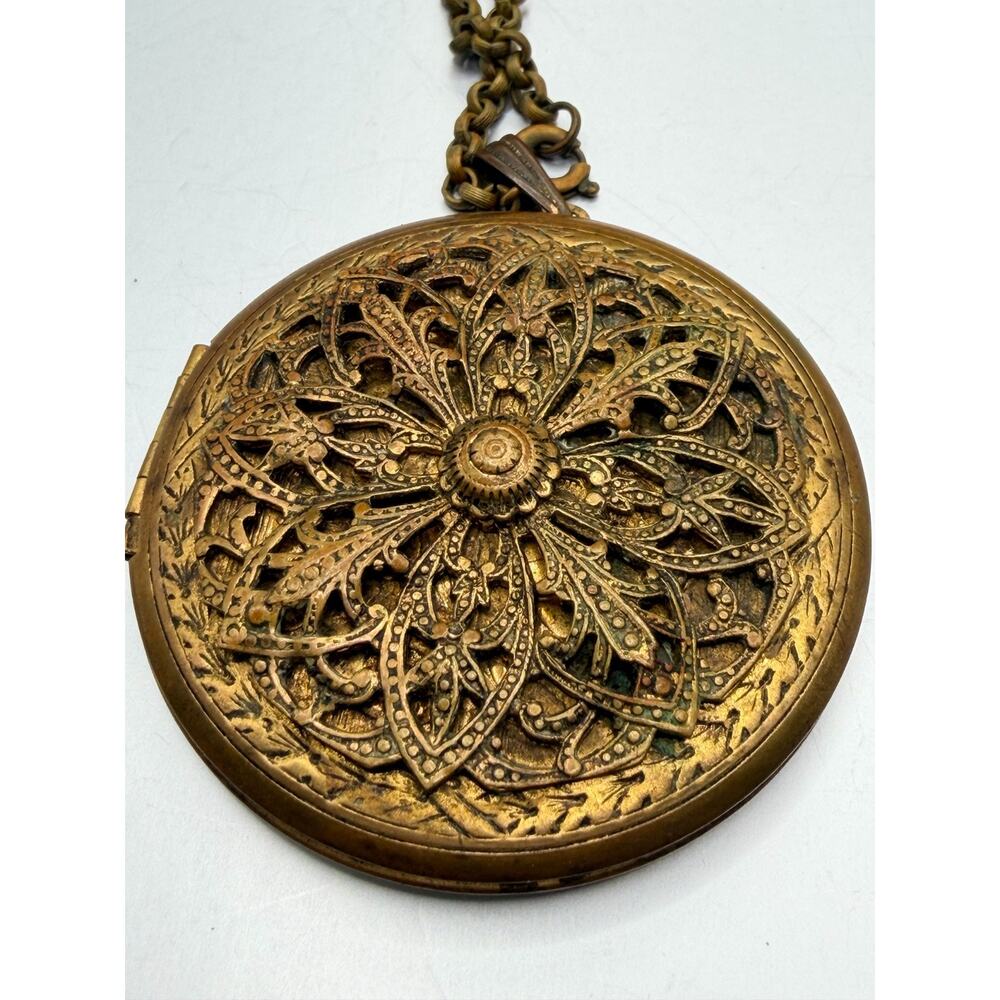Vintage locket brass filagree victorian style locket floral photo placeholder